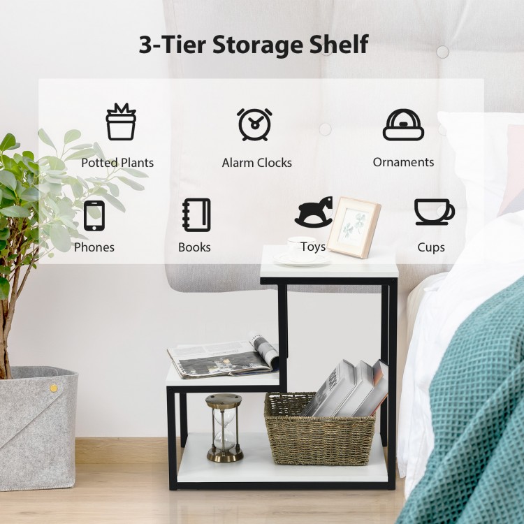 3-tier storage shelf in white with black steel frame, perfect for books and decor in living room or bedroom.